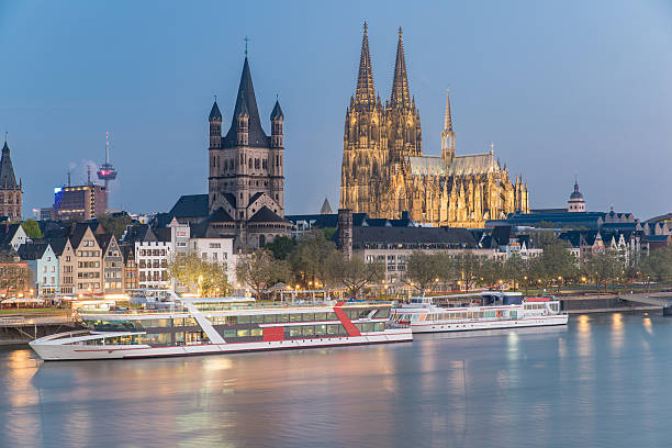 Aerial view over the Rhine River in Cologne, Germany