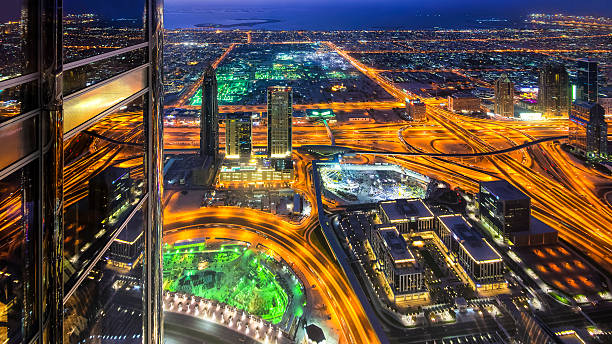 Dubai, United Arab Emirates: Skyscrapers of in the evening stock photo