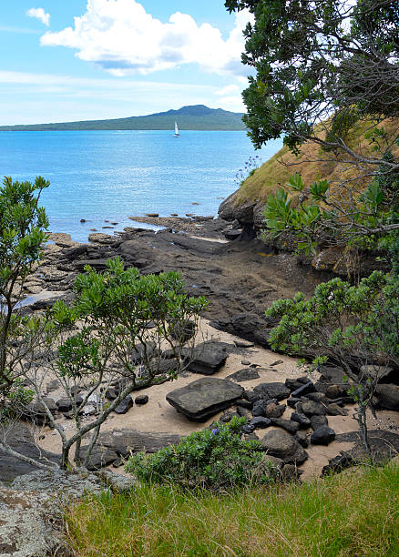 Rangitoto & Huraki Gulf, New Zealand View of extinct volcano Rangitoto and the Huraki Gulf shipping channel from North Head, Auckland New Zealand rangitoto island stock pictures, royalty-free photos & images