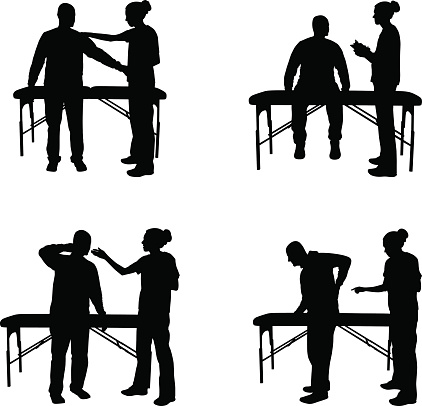 A series of massage therapy silhouette illustrations; shoulder pain, neck pain, back pain.