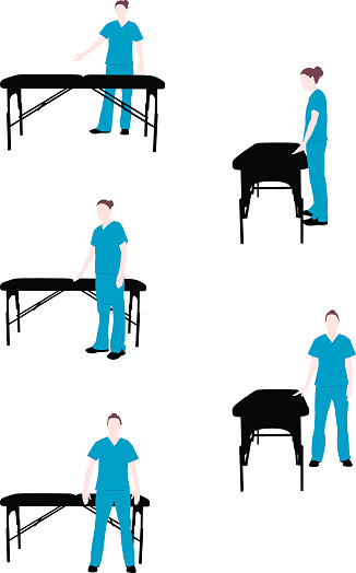 A series of massage therapy silhouette illustrations. A female massage therapist with massage table.