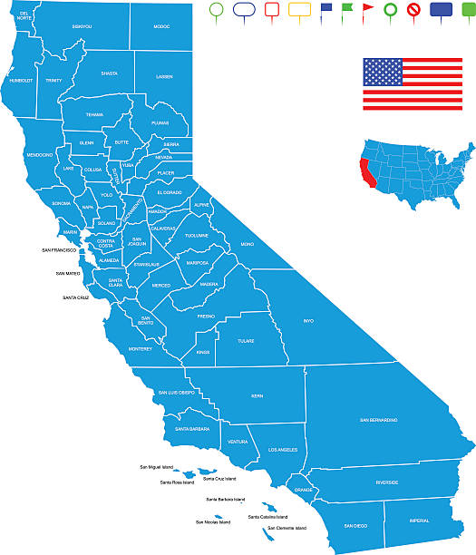 Map of California State Detailed map of California State with pointers. san francisco flag stock illustrations