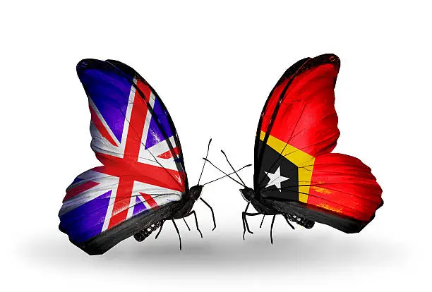 Two butterflies with flags on wings as symbol of relations UK and East Timor