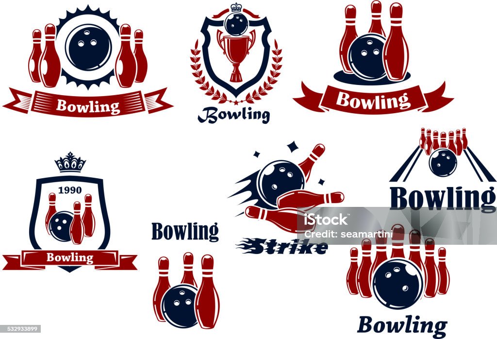 Bowling sports emblems and icons Bowling team or club emblems and icons with bowling balls, ninepins, alley, trophy, shields, banners, crowns, wreath and captions Bowling, Strike in dark blue and red colors 2015 stock vector