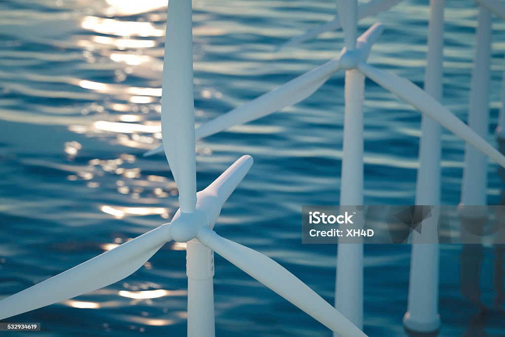 clean power Wind generator turbines in sea,3D 2015 Stock Photo