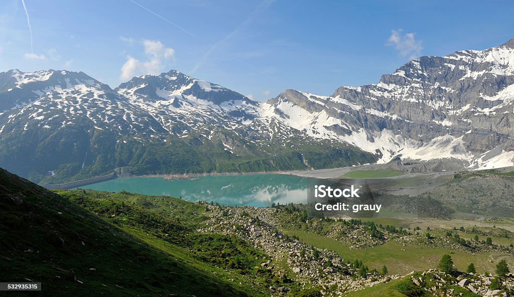 The lake of Salanfe The artificial lake of Salanfe in the canton of Valais - Switzerland. Valley of "Van" over Salvan 2015 Stock Photo