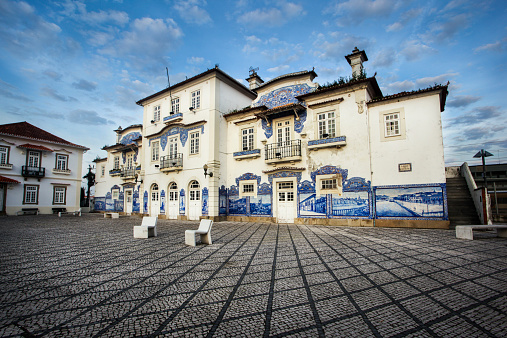 Wide angle shot of beautiful traditional railway station with azulejo tiles (Aveiro, Portugal)
