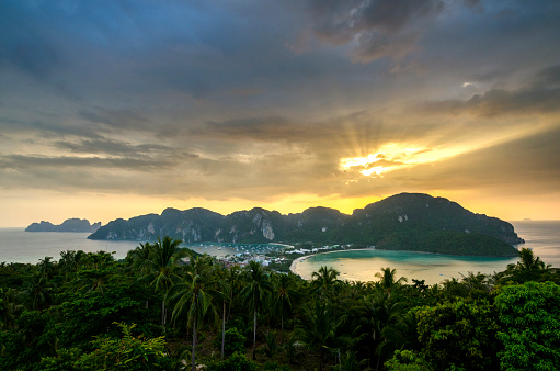 Sunset and view from Phi Phi Viewpoint on Ko Phi Phi Don, with view of Phi Phi Ley in the distance, Thailand