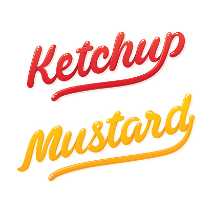 Ketchup and mustard lettering. Modern shiny handwritten typography. Isolated vector illustration.