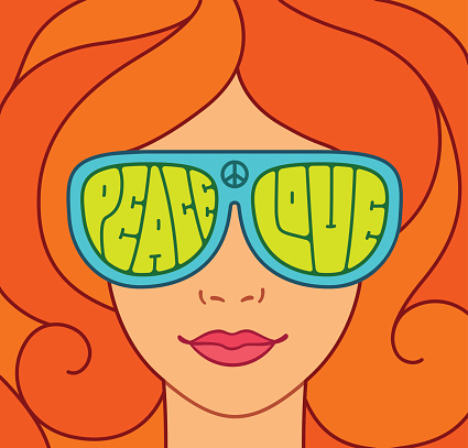 Hippie Love and Peace illustration. Beautiful red hair girl with sunglasses. Retro typography.