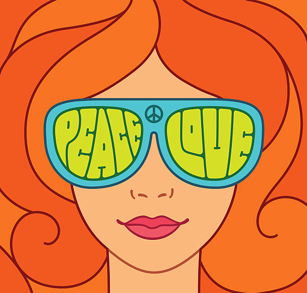 Beautiful hippie girl Hippie Love and Peace illustration. Beautiful red hair girl with sunglasses. Retro typography. hippie fashion stock illustrations