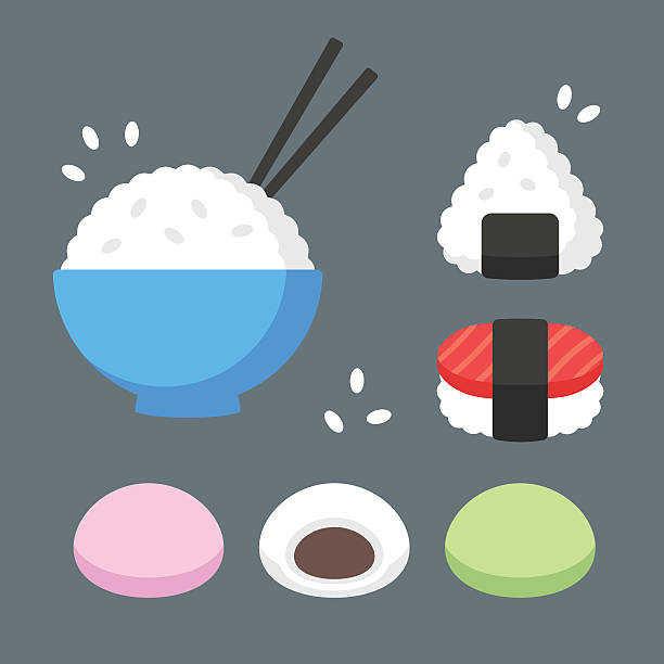 Japanese food rice dishes Japanese food rice dishes icon set. Bowl of rice with chopsticks, onigiri and sushi, mochi rice cakes with red bean paste filling. Flat cartoon vector icons. meal illustrations stock illustrations