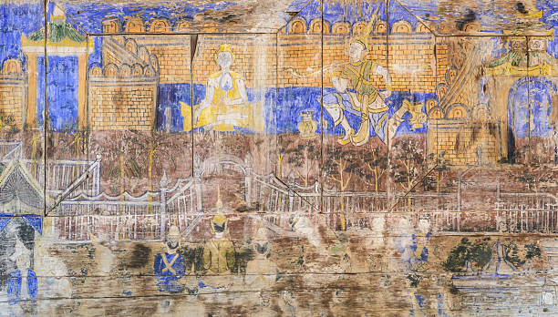 istock Ancient Thai mural painting on wooden temple wall 532952026