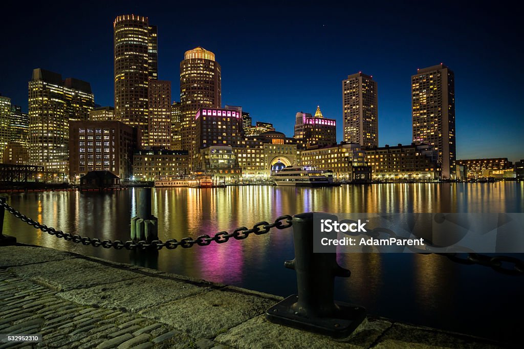 Boston skyline at night This is the Boston Skyline as seen at night from Fan Pier Park. Boston - Massachusetts Stock Photo