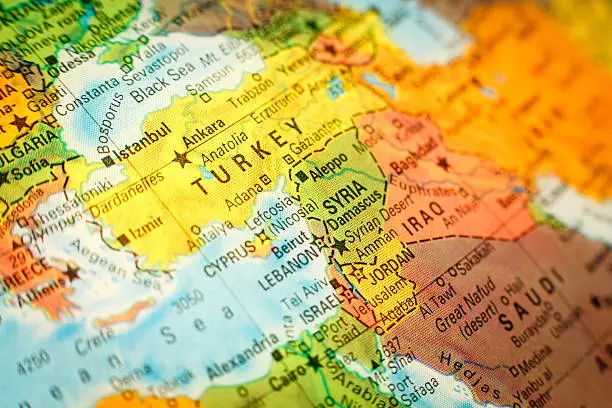 close-up macro photograph of map Syria Jordan and Turkey .Selective focus