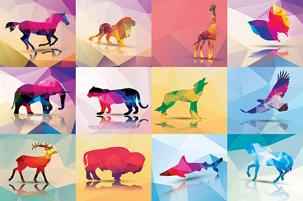 illustrazioni stock, clip art, cartoni animati e icone di tendenza di collezione di animali di poligono geometrico, illustrazione vettoriale - triangolo forma bidimensionale illustrazioni