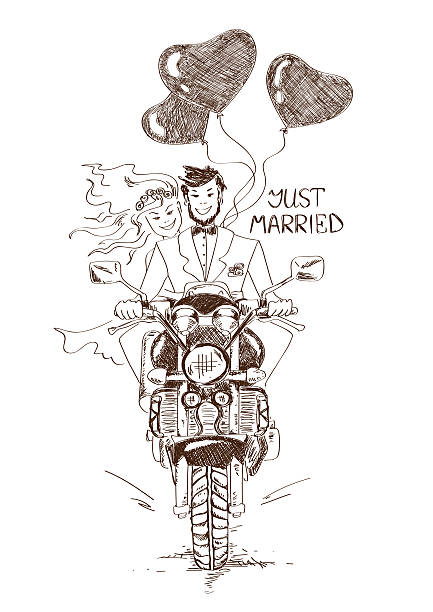 Wedding couple riding on a motorbike Funny sketch illustration with just married couple riding on a motorbike and heart shape air balloons. Hand drawn wedding card or invitation helicopter free drawing stock illustrations