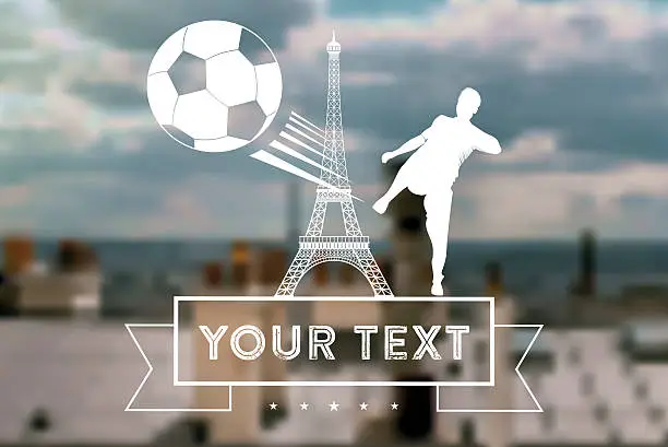 Vector illustration of blurred soccer background with Eiffel Tower and player with ball