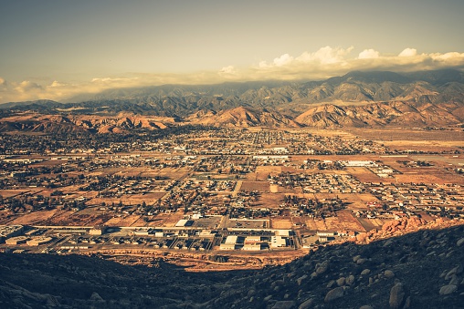 Banning California Panorama and San Bernardino Mountains at Sunset. Banning is a City in Riverside County, California, United States