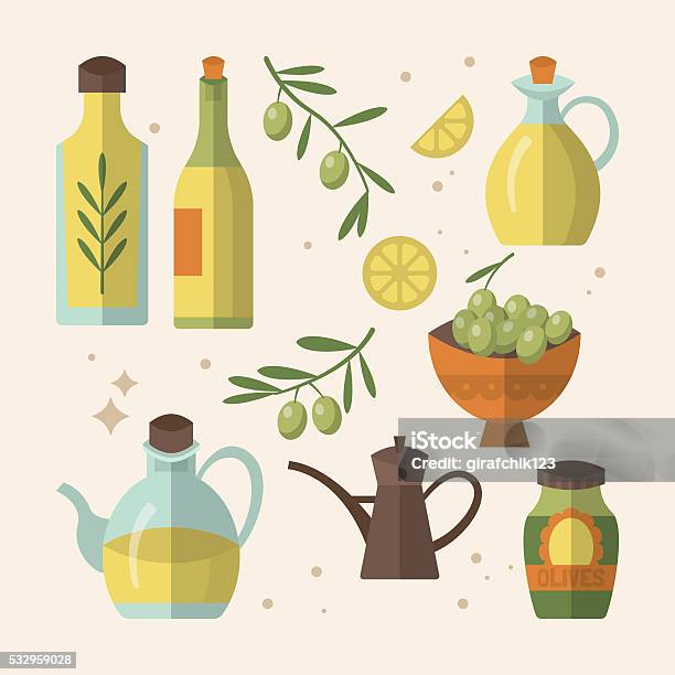 Olive Oil Bottles Flat Icon Design Vector Illustration Stock Illustration - Download Image Now