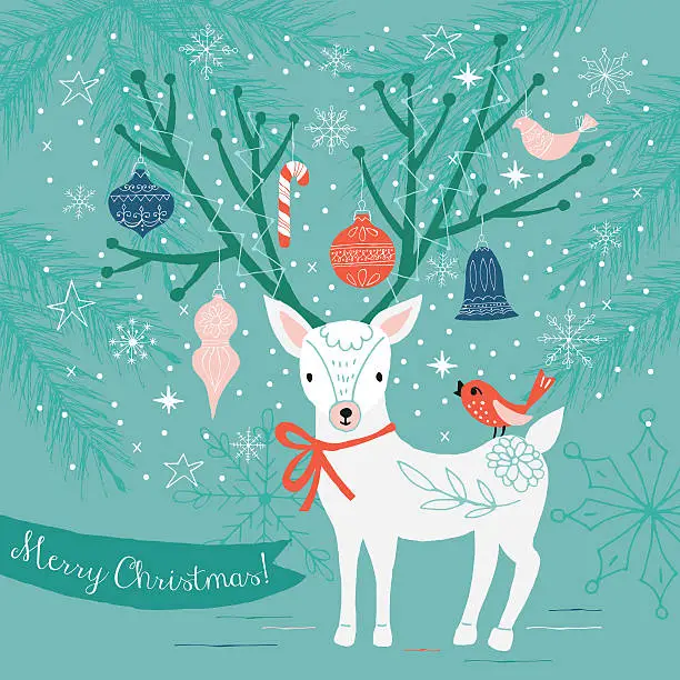 Vector illustration of Merry Christmas greeting card design with deer and ornament