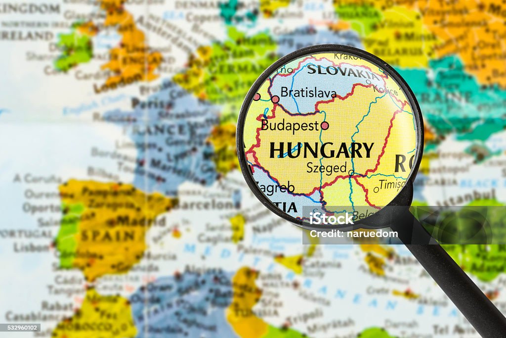 Map of Hungary map of Hungary through magnifying glass Hungary Stock Photo