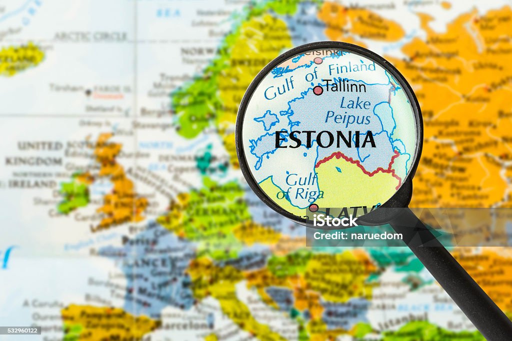 Map of Republic of Estonia map of Republic of Estonia through magnifying glass Estonia Stock Photo