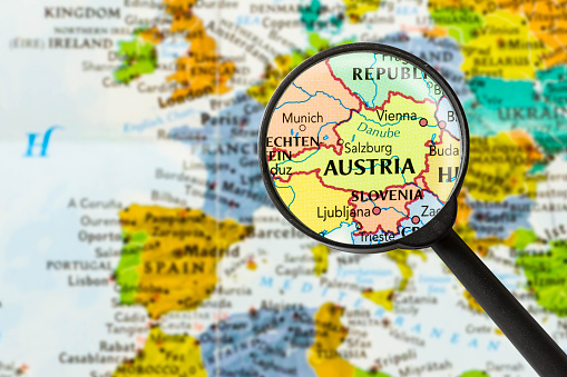 map of Republic of Austria through magnifying glass