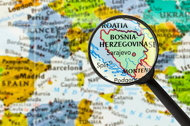 Map of Bosnia and Herzegovina map of Bosnia and Herzegovina through magnifying glass bosnia and herzegovina stock pictures, royalty-free photos & images