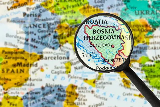 map of Bosnia and Herzegovina through magnifying glass