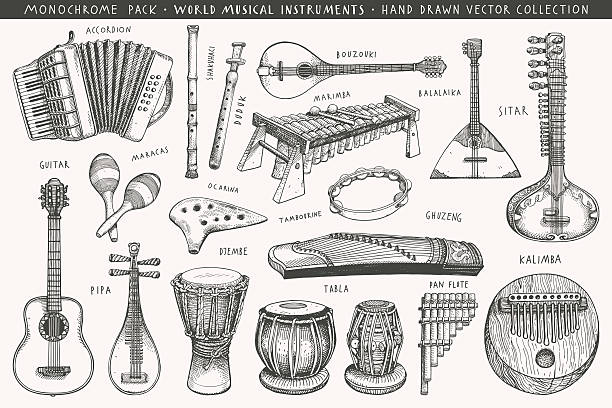 Hand drawn world musical instruments  A collection of eighteen acoustic instruments accordion instrument stock illustrations