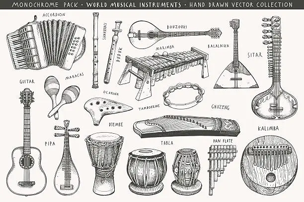 Vector illustration of Hand drawn world musical instruments