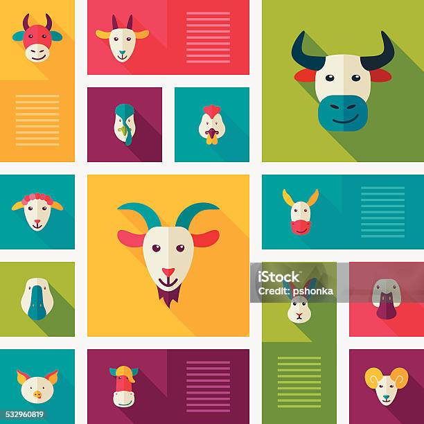 Colorful Flat Farm Animals Icons With Long Shadow Stock Illustration - Download Image Now - 2015, Agriculture, Animal