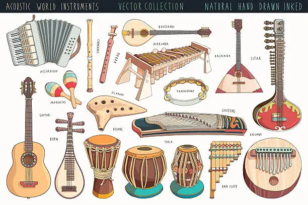 Vector illustration of Hand drawn musical instruments collection