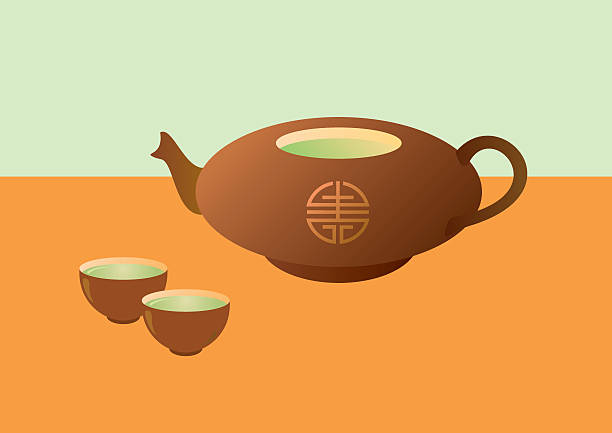 ilustrações, clipart, desenhos animados e ícones de bule com chá e xícaras - tea cup tea green tea chinese tea