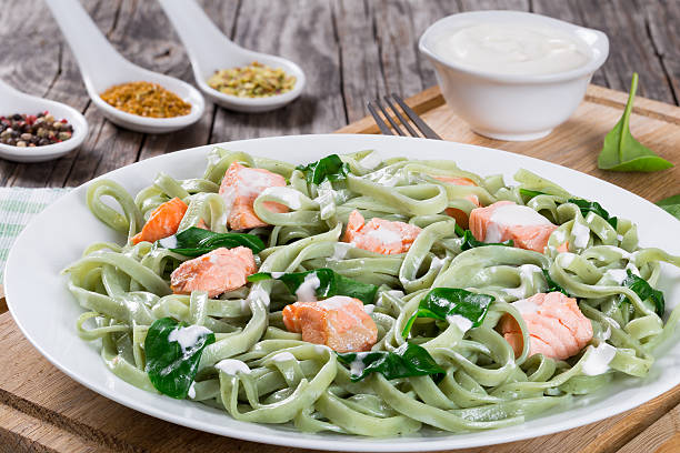 istock Salmon and Spinach Fettuccine pasta on white dish 532964196