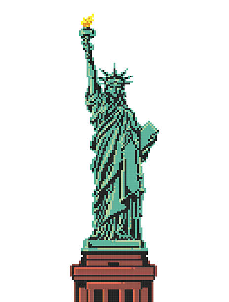 ilustraciones, imágenes clip art, dibujos animados e iconos de stock de píxeles la estatua de la libertad - statue manhattan monument flaming torch