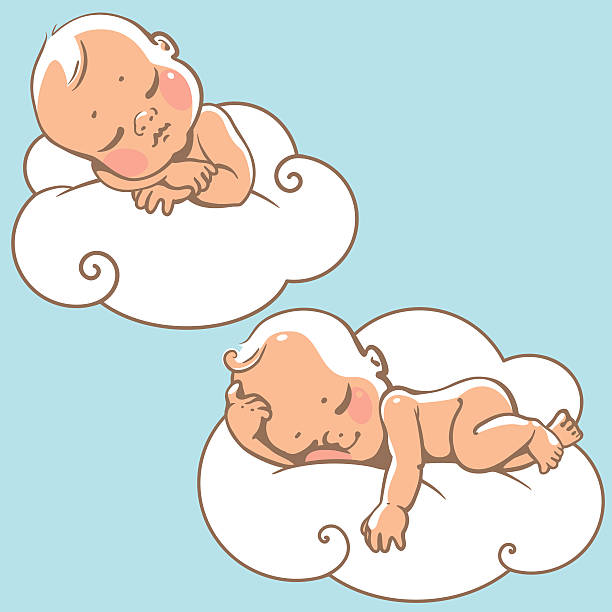 ilustrações, clipart, desenhos animados e ícones de pequeno bebê na nuvem - newborn little girls baby lying down
