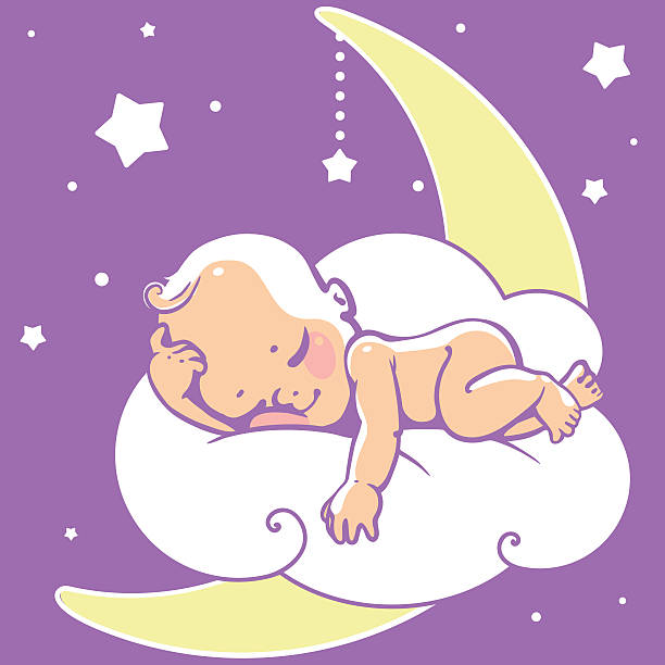 ilustrações, clipart, desenhos animados e ícones de pequeno bebê sono na lua - newborn little girls baby lying down