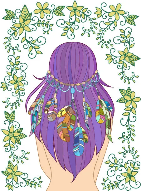 Vector illustration of Girl with feathers in her hair and floral pattern