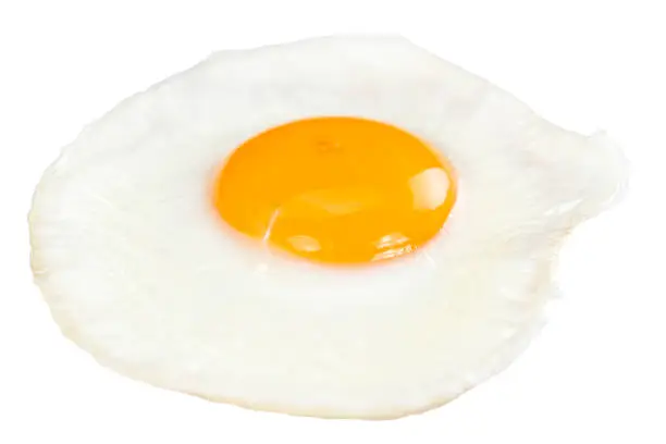 Fried Egg isolated on white background (close-up shot)