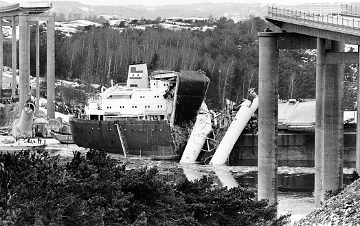 Almösund, Sweden - January 19, 1980: At 0130 January 18, 1980 became the bridge span on Almöbron been hit by the Panamanian registered bulk ship Star Clipper . The ship collided with a so-called \