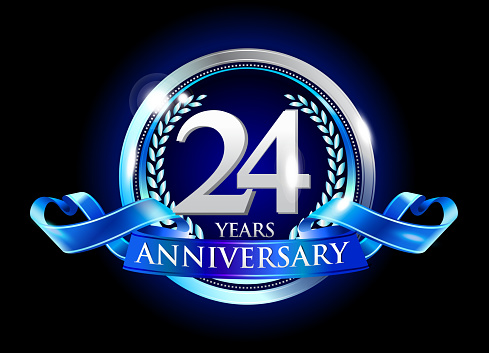 24th anniversary logo with blue ribbon. signs illustration. Silver anniversary logo with blue ribbon and silver ring