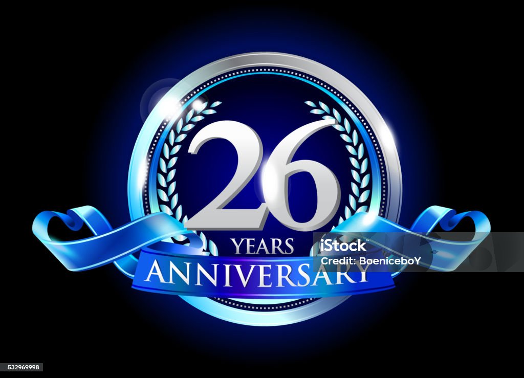 26th anniversary logo with blue ribbon 26th anniversary logo with blue ribbon. signs illustration. Silver anniversary logo with blue ribbon and silver ring Anniversary stock vector