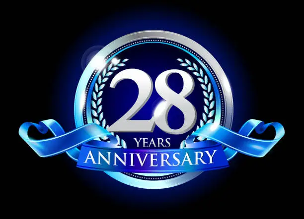 Vector illustration of 28th anniversary logo with blue ribbon