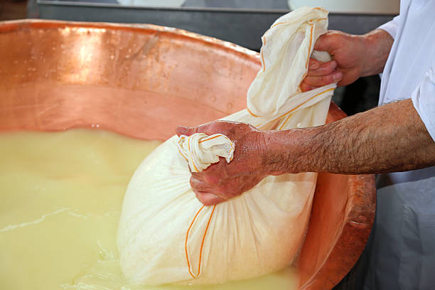 istock herdsman Cheesemaker collects cheese from the  copper cauldron w 532970752