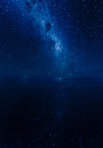 Milky way galaxy and shooting stars reflected surface of the water. No person