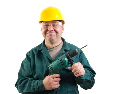 funny workman with a drill, isolated on white background with clipping path included