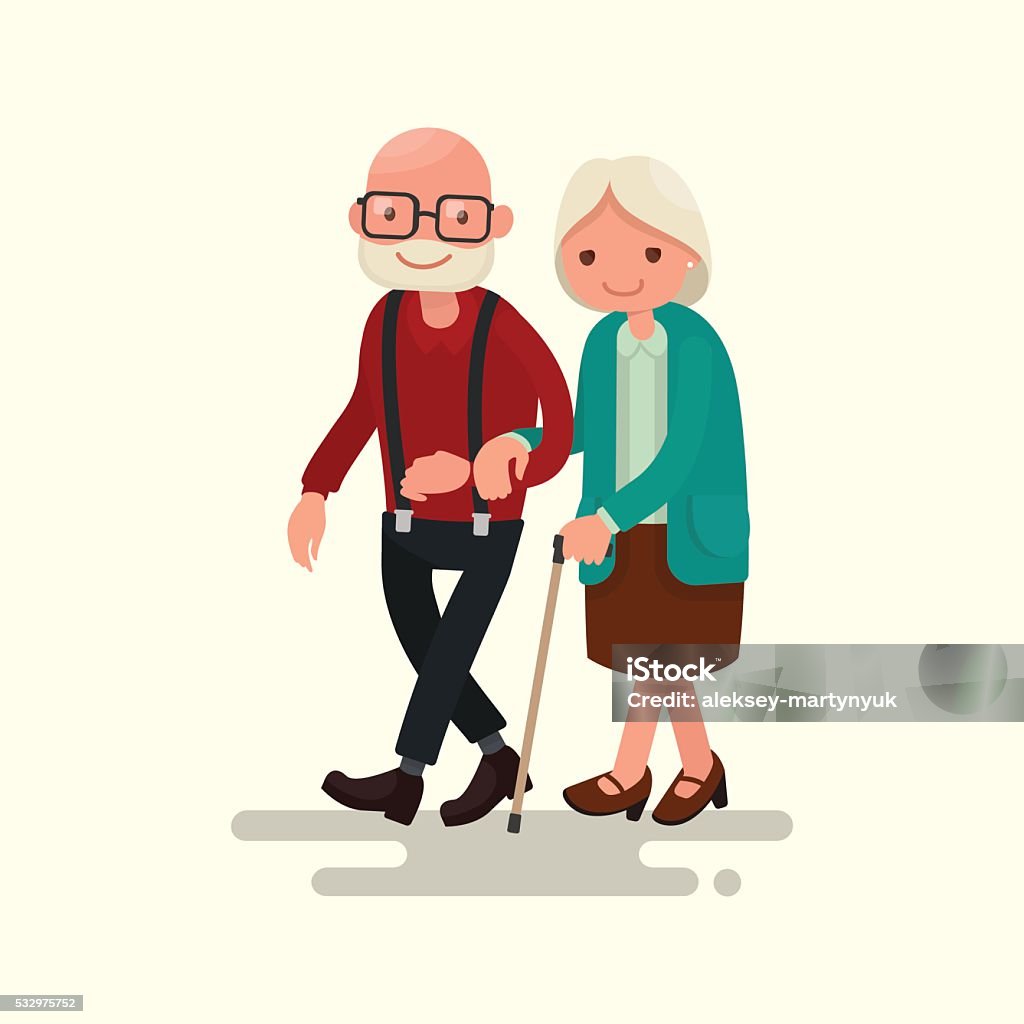 Пожилые пара гуляет. Векторная иллюстрация - Векторная графика Пожилой возраст роялти-фри