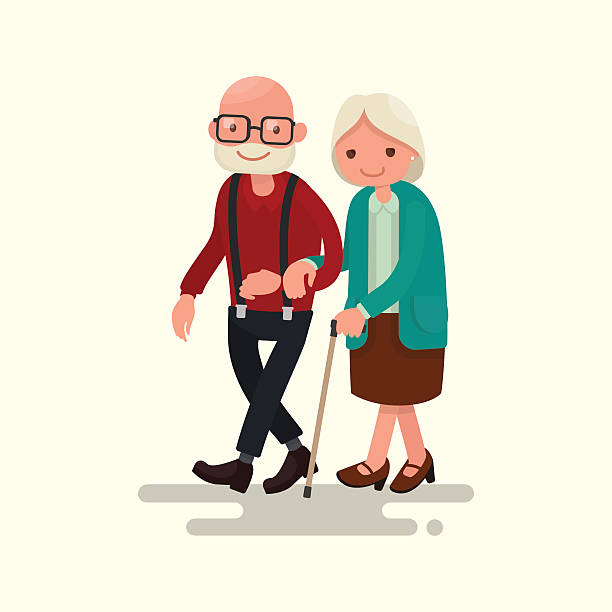 bildbanksillustrationer, clip art samt tecknat material och ikoner med elderly couple walking. vector illustration - senior walking